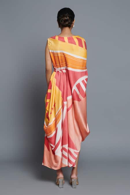 Shop Vedika M Multi Color Satin Round Neck Printed Asymmetric Draped Kaftan at Aza Fashions Shop_Vedika M_Multi Color Satin Round Neck Printed Asymmetric Draped Kaftan _at_Aza_Fashions