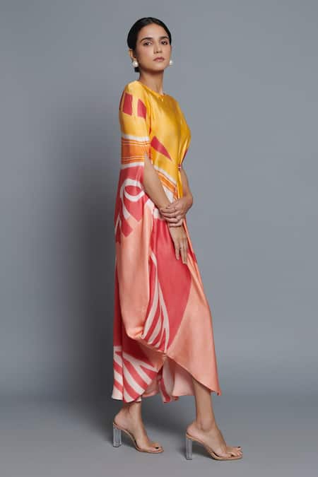 Vedika M Multi Color Satin Round Neck Printed Asymmetric Draped Kaftan Online at Aza Fashions Vedika M_Multi Color Satin Round Neck Printed Asymmetric Draped Kaftan _Online_at_Aza_Fashions