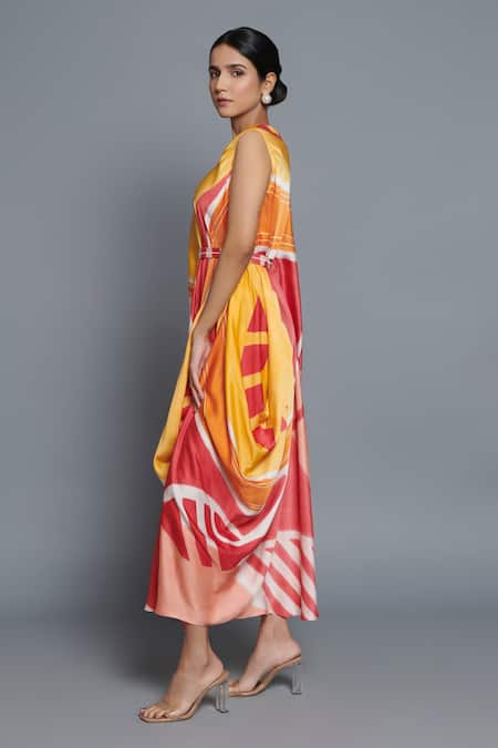 Shop Vedika M Multi Color Satin Round Neck Printed Asymmetric Draped Kaftan Online at Aza Fashions Shop_Vedika M_Multi Color Satin Round Neck Printed Asymmetric Draped Kaftan _Online_at_Aza_Fashions