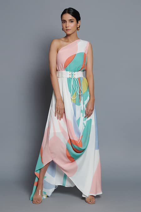 Vedika M Printed One-Shoulder Draped Dress 