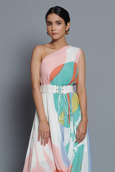 Vedika M_Multi Color Georgette Lace One Shoulder Printed Draped Dress _Online_at_Aza_Fashions