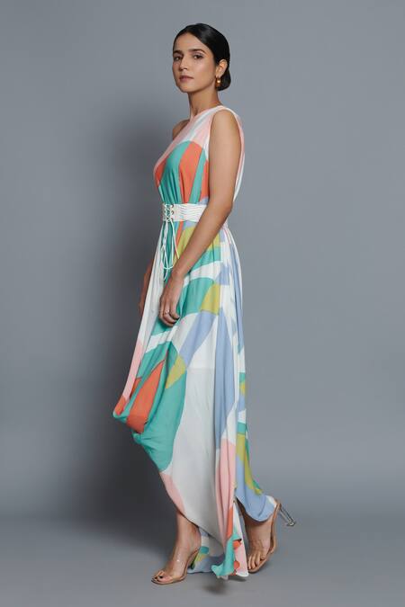 Shop_Vedika M_Multi Color Georgette Lace One Shoulder Printed Draped Dress _Online_at_Aza_Fashions