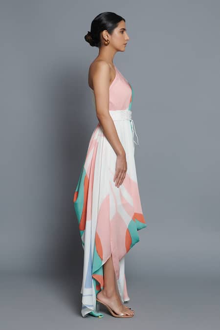 Vedika M_Multi Color Georgette Lace One Shoulder Printed Draped Dress _at_Aza_Fashions