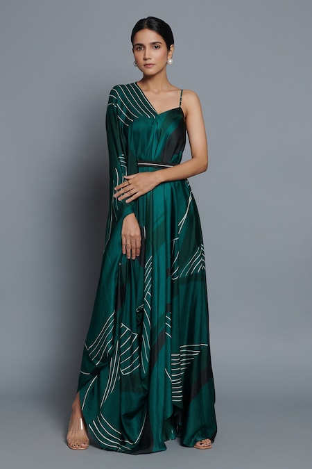 Buy_Vedika M_Green Satin V-neck Abstract Print Kaftan _at_Aza_Fashions