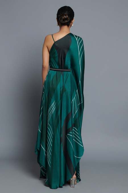 Shop_Vedika M_Green Satin V-neck Abstract Print Kaftan _at_Aza_Fashions