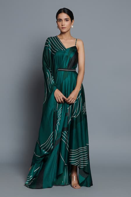 Vedika M_Green Satin V-neck Abstract Print Kaftan _Online_at_Aza_Fashions