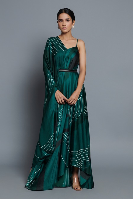 Vedika M_Green Satin V-neck Abstract Print Kaftan _Online_at_Aza_Fashions