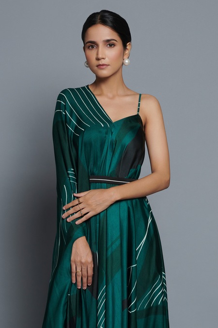 Buy_Vedika M_Green Satin V-neck Abstract Print Kaftan _Online_at_Aza_Fashions