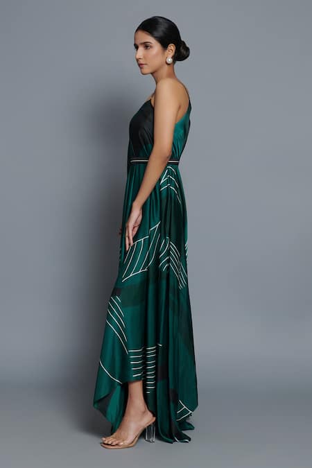 Shop_Vedika M_Green Satin V-neck Abstract Print Kaftan _Online_at_Aza_Fashions