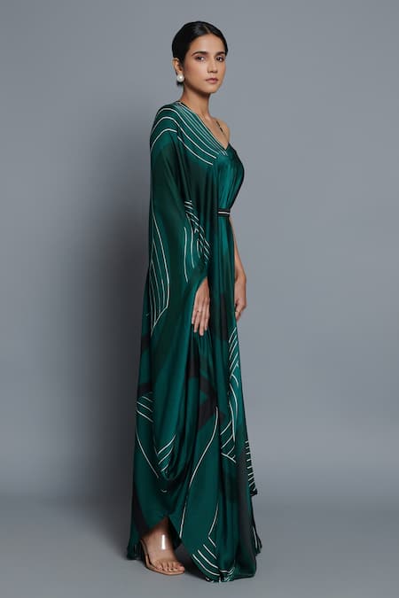 Vedika M_Green Satin V-neck Abstract Print Kaftan _at_Aza_Fashions