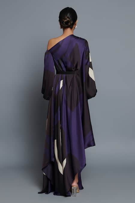 Shop Vedika M Blue Satin One Shoulder Printed Asymmetric Draped Kaftan at Aza Fashions Shop_Vedika M_Blue Satin One Shoulder Printed Asymmetric Draped Kaftan _at_Aza_Fashions