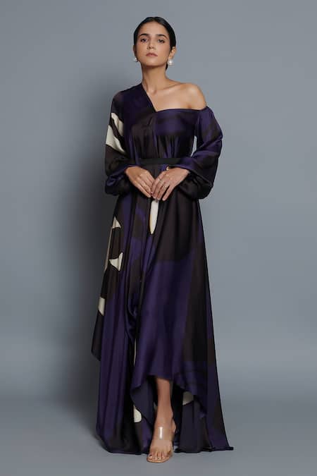 Vedika M Blue Satin One Shoulder Printed Asymmetric Draped Kaftan Online at Aza Fashions Vedika M_Blue Satin One Shoulder Printed Asymmetric Draped Kaftan _Online_at_Aza_Fashions