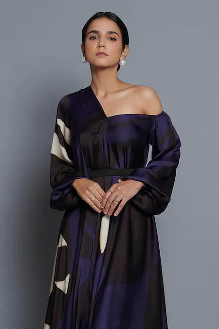 Buy Vedika M Blue Satin One Shoulder Printed Asymmetric Draped Kaftan Online at Aza Fashions Buy_Vedika M_Blue Satin One Shoulder Printed Asymmetric Draped Kaftan _Online_at_Aza_Fashions