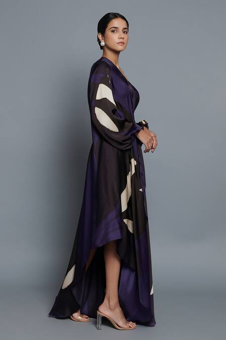 Shop Vedika M Blue Satin One Shoulder Printed Asymmetric Draped Kaftan Online at Aza Fashions Shop_Vedika M_Blue Satin One Shoulder Printed Asymmetric Draped Kaftan _Online_at_Aza_Fashions
