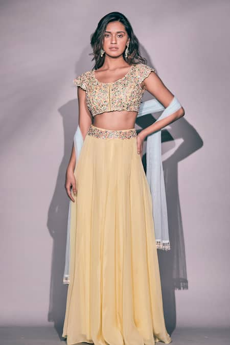 Pritika Vora Yellow Organza Hand Embroidered Thread Round Blouse Lehenga Set 