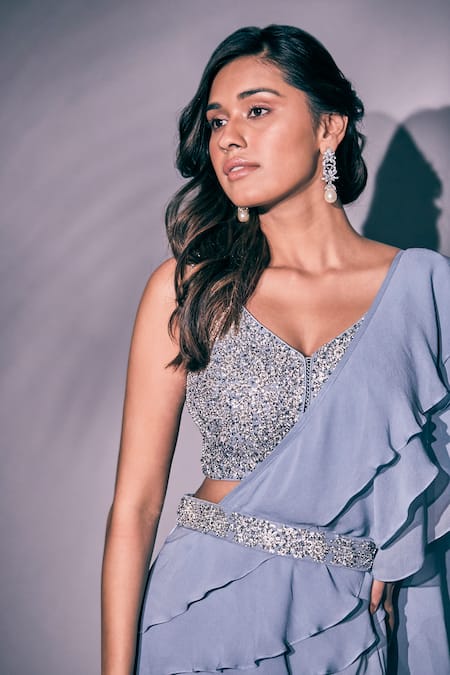 Pritika Vora_Blue Saree  Georgette Hand Embroidered Pre-draped Ruffle Pant With Blouse_Online_at_Aza_Fashions