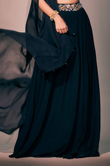 Pritika Vora_Blue Lehenga  Georgette Hand Embroidered Thread Ruffled Duster Coat With Set_Online_at_Aza_Fashions