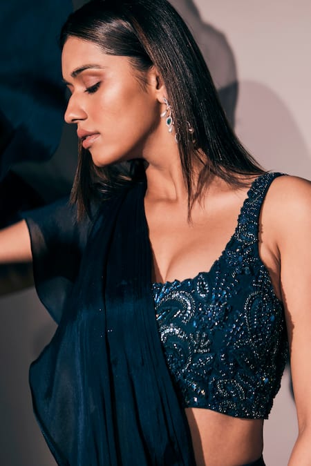 Pritika Vora_Green Saree  Crepe Chiffon Hand Embroidered Pre-draped Ruffle With Blouse_Online_at_Aza_Fashions