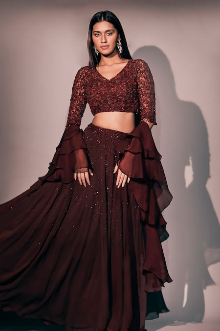 Pritika Vora_Maroon Lehenga  Georgette Hand Embroidered Sequins V Set With Ruffle Dupatta_Online_at_Aza_Fashions
