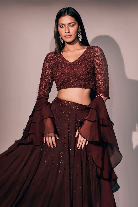 Buy_Pritika Vora_Maroon Lehenga  Georgette Hand Embroidered Sequins V Set With Ruffle Dupatta_Online_at_Aza_Fashions