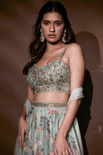 Pritika Vora_Green Chanderi Printed Floral Round Zardosi Mint Lehenga Set_Online_at_Aza_Fashions