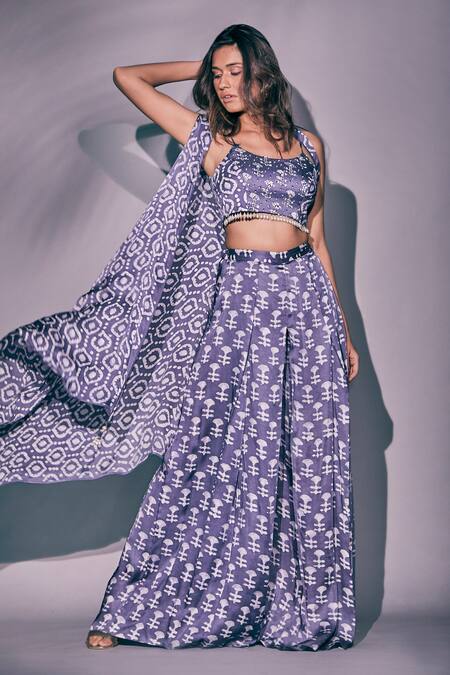 Shop Pritika Vora Blue Cotton Satin Hand Embroidered Pearls Block Print Duster Coat Palazzo Set at Aza Fashions Shop_Pritika Vora_Blue Cotton Satin Hand Embroidered Pearls Block Print Duster Coat Palazzo Set_at_Aza_Fashions