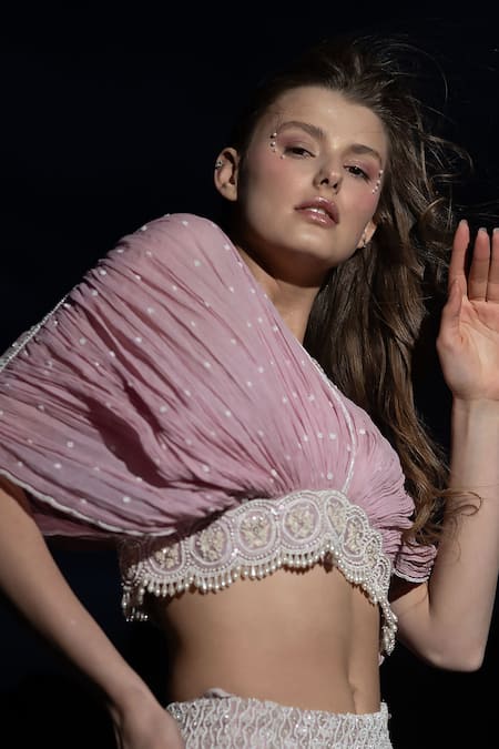 Shop COUTURE BY NIHARIKA Purple Organza Sequins, Mirrors Hand Embroidered Lehenga With Cape Blouse at Aza Fashions Shop_COUTURE BY NIHARIKA_Purple Organza Sequins, Mirrors Hand Embroidered Lehenga With Cape Blouse _at_Aza_Fashions