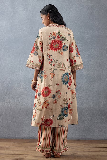 Shop_Torani_Beige Slub Cotton Printed Floral V Neck Badami Bahaar Kurta Pant Set  _at_Aza_Fashions