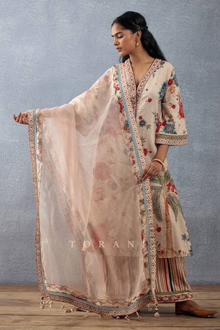 Shop_Torani_Beige Slub Cotton Printed Floral V Neck Badami Bahaar Kurta Pant Set  _Online_at_Aza_Fashions