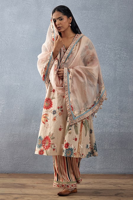 Torani_Beige Slub Cotton Printed Floral V Neck Badami Bahaar Kurta Pant Set  _at_Aza_Fashions