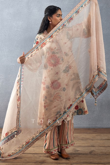Shop_Torani_Beige Slub Cotton Printed Floral V Neck Badami Bahaar Kurta Pant Set  