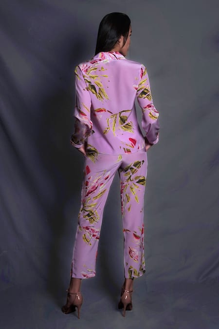 Shop Seesa Purple Crepe Tropical Floral Print Trouser at Aza Fashions Shop_Seesa_Purple Crepe Tropical Floral Print Trouser _at_Aza_Fashions
