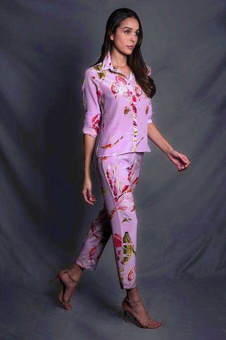 Seesa Purple Crepe Tropical Floral Print Trouser Online at Aza Fashions Seesa_Purple Crepe Tropical Floral Print Trouser _Online_at_Aza_Fashions