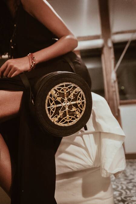 Buy_Swarang Designs_Black Ghoomar Circle Shaped Sling Bag_Online_at_Aza_Fashions
