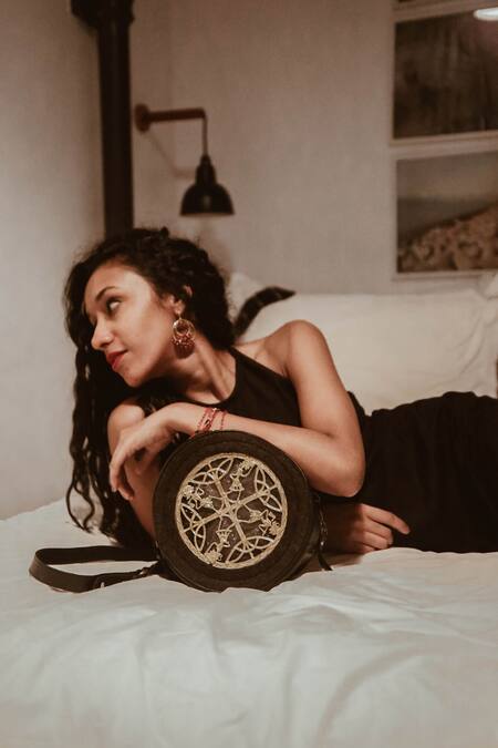 Shop_Swarang Designs_Black Ghoomar Circle Shaped Sling Bag_Online_at_Aza_Fashions