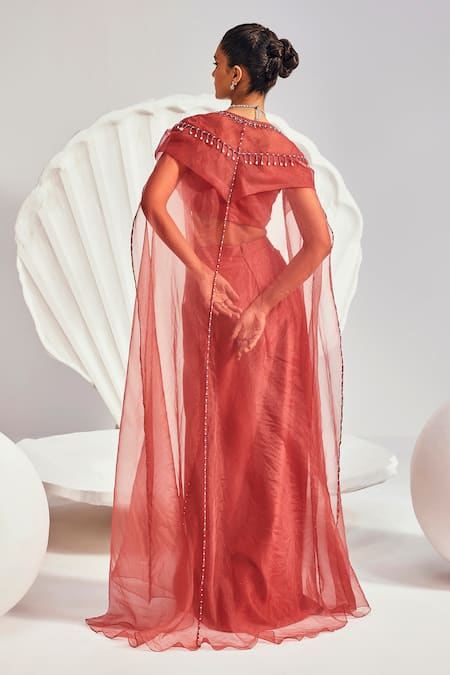 Shop Divya Aggarwal Red Satin Cut Work Sweetheart Neck Lana Hand Embroidered Cape Skirt Set at Aza Fashions Shop_Divya Aggarwal_Red Satin Cut Work Sweetheart Neck Lana Hand Embroidered Cape Skirt Set _at_Aza_Fashions