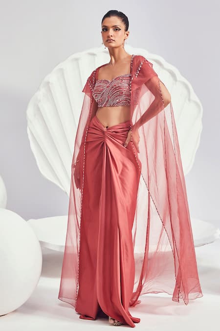 Divya Aggarwal Red Satin Cut Work Sweetheart Neck Lana Hand Embroidered Cape Skirt Set Online at Aza Fashions Divya Aggarwal_Red Satin Cut Work Sweetheart Neck Lana Hand Embroidered Cape Skirt Set _Online_at_Aza_Fashions