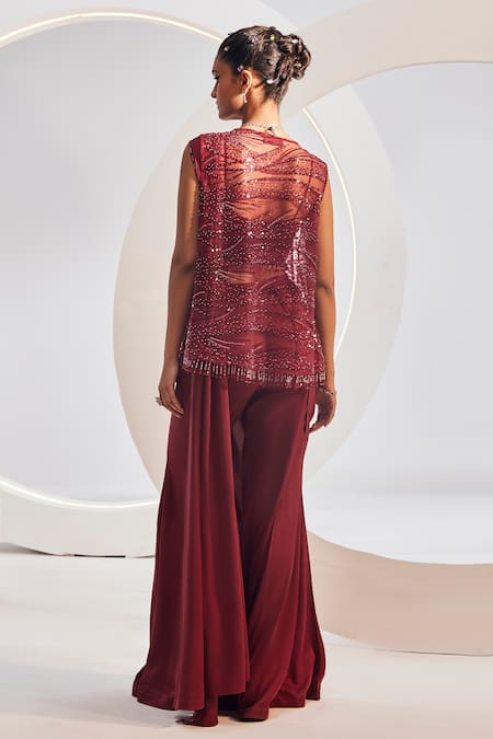 Shop Divya Aggarwal Wine Satin Sequins, Nadia Pre-draped Sharara Pant Saree And Embroidered Jacket Set at Aza Fashions Shop_Divya Aggarwal_Wine Satin Sequins, Nadia Pre-draped Sharara Pant Saree And Embroidered Jacket Set _at_Aza_Fashions