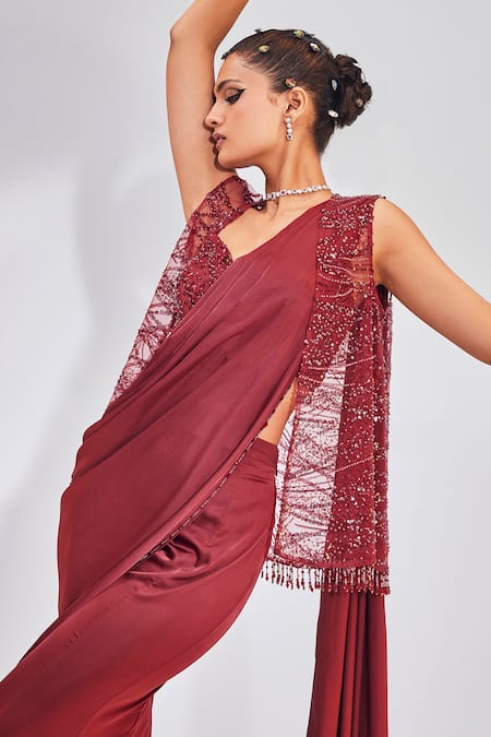 Buy Divya Aggarwal Wine Satin Sequins, Nadia Pre-draped Sharara Pant Saree And Embroidered Jacket Set Online at Aza Fashions Buy_Divya Aggarwal_Wine Satin Sequins, Nadia Pre-draped Sharara Pant Saree And Embroidered Jacket Set _Online_at_Aza_Fashions