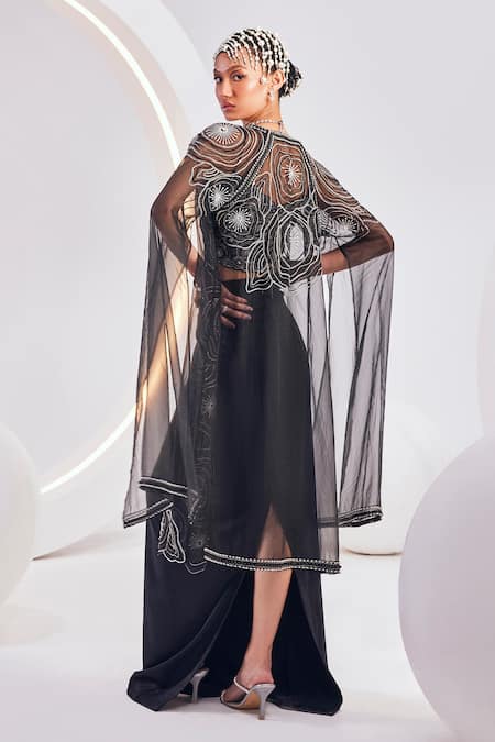 Shop_Divya Aggarwal_Black Satin Sequins, Beads V-neck Geometric Swirl Cape Skirt Set _at_Aza_Fashions