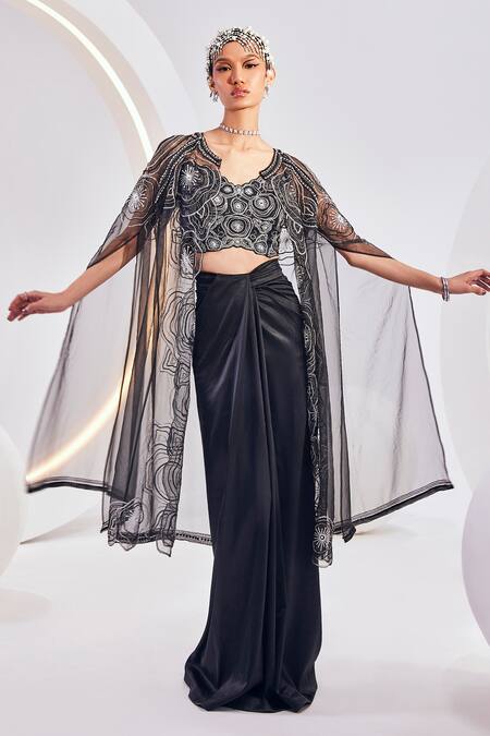 Divya Aggarwal_Black Satin Sequins, Beads V-neck Geometric Swirl Cape Skirt Set _Online_at_Aza_Fashions