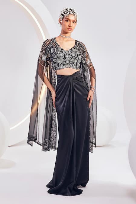 Buy_Divya Aggarwal_Black Satin Sequins, Beads V-neck Geometric Swirl Cape Skirt Set _Online_at_Aza_Fashions