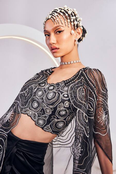 Shop_Divya Aggarwal_Black Satin Sequins, Beads V-neck Geometric Swirl Cape Skirt Set _Online_at_Aza_Fashions