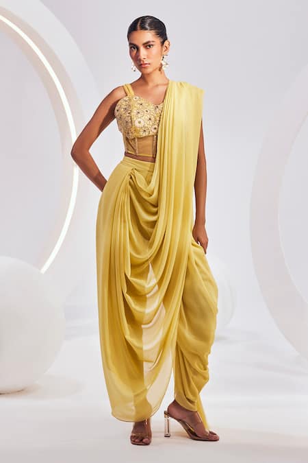 Divya Aggarwal Yellow Saree Wrinkle Chiffon Embroidery Sequins Isla Concept With Corset