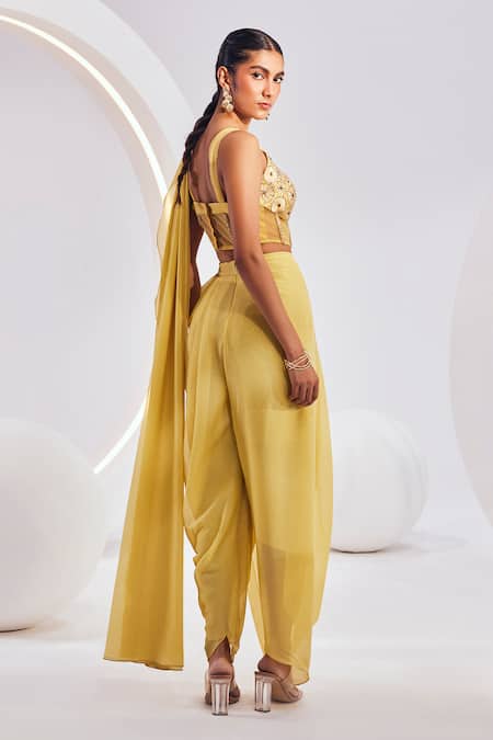 Shop Divya Aggarwal Yellow Satin, Chiffon Sequins, Beads Isla Concept Saree With Embroidered Corset at Aza Fashions Shop_Divya Aggarwal_Yellow Satin, Chiffon Sequins, Beads Isla Concept Saree With Embroidered Corset _at_Aza_Fashions