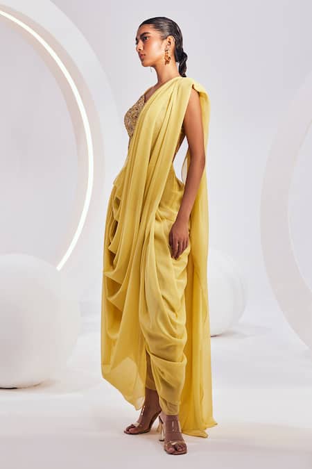 Divya Aggarwal Yellow Satin, Chiffon Sequins, Beads Isla Concept Saree With Embroidered Corset Online at Aza Fashions Divya Aggarwal_Yellow Satin, Chiffon Sequins, Beads Isla Concept Saree With Embroidered Corset _Online_at_Aza_Fashions
