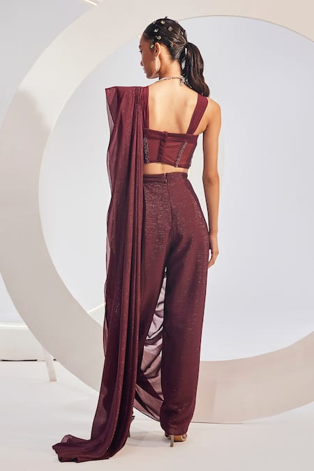 Shop Divya Aggarwal Wine Chiffon, Satin Sequins, Beads Scoop Neck Embroidered Corset And Concept Saree at Aza Fashions Shop_Divya Aggarwal_Wine Chiffon, Satin Sequins, Beads Scoop Neck Embroidered Corset And Concept Saree _at_Aza_Fashions