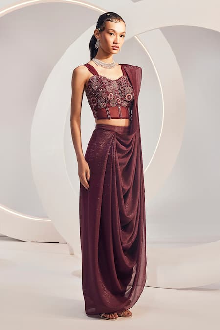 Buy Divya Aggarwal Wine Chiffon, Satin Sequins, Beads Scoop Neck Embroidered Corset And Concept Saree Online at Aza Fashions Buy_Divya Aggarwal_Wine Chiffon, Satin Sequins, Beads Scoop Neck Embroidered Corset And Concept Saree _Online_at_Aza_Fashions