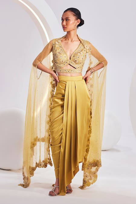 Divya Aggarwal Yellow Hemp, Lycra Sequins, Beads V-neck Lydia Floral Embroidered Cape Skirt Set Online at Aza Fashions Divya Aggarwal_Yellow Hemp, Lycra Sequins, Beads V-neck Lydia Floral Embroidered Cape Skirt Set _Online_at_Aza_Fashions