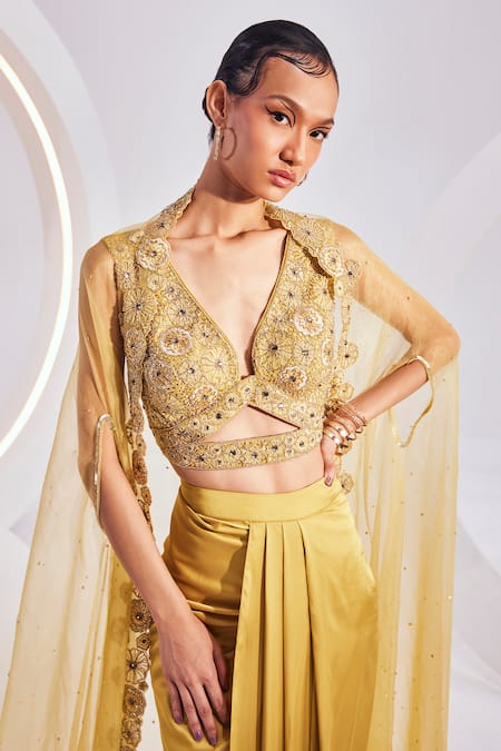 Shop Divya Aggarwal Yellow Hemp, Lycra Sequins, Beads V-neck Lydia Floral Embroidered Cape Skirt Set Online at Aza Fashions Shop_Divya Aggarwal_Yellow Hemp, Lycra Sequins, Beads V-neck Lydia Floral Embroidered Cape Skirt Set _Online_at_Aza_Fashions